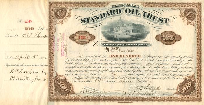 Standard Oil Trust signed twice by H.M. Flagler - Stock Certificate